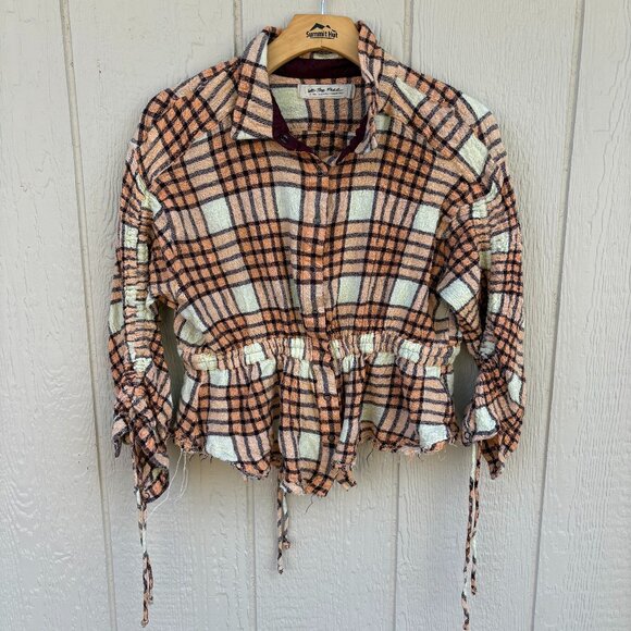 We The Free Pacific Dawn Button Down Shirt Women's Medium Peach Plaid Cottage - Picture 2 of 9